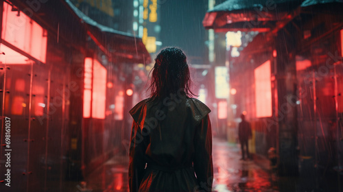 Crowded Rainy Night: Cyberpunk City in Neon Glow, Generative AI