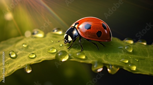 A ladybug resting on a dewy green leaf in morning light.