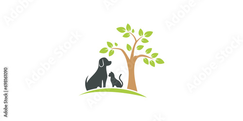 Silhouette image of a cat and dog under a tree. logo design with natural nuances for pets