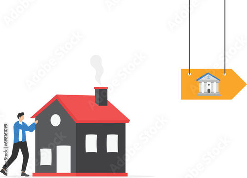 Mortgage Refinancing Loan-male push house to the bank. Vector illustration in flat style.


