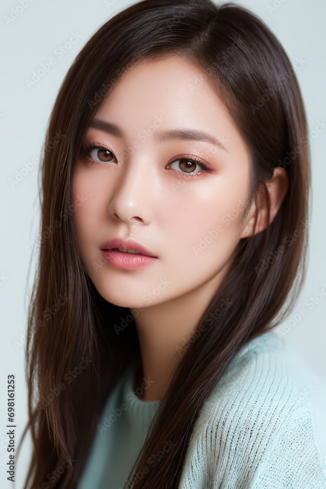 Portrait of beautiful Japanese women with an ombre style fading from dark roots to icy blue tips, coupled with a cozy, oversized pastel knit sweater and a relaxed, contented look. Portrait of beautiful Japanese women with an ombre style fading from dark roots to icy blue tips, coupled with a cozy, oversized pastel knit sweater and a relaxed, contented look.