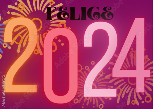 Felice 2024 al neon con sfondo bordeaux_ cartolina digitale