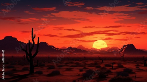 A lone cactus silhouetted against a fiery desert sky at dusk.