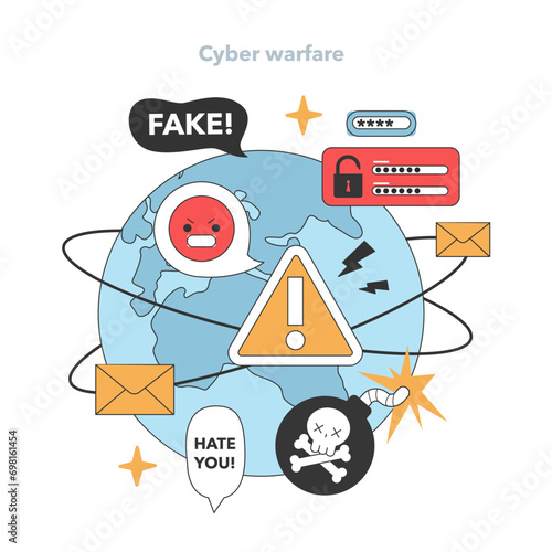 The digital globe under siege: anger, hate messages, and disinformation flare as cyber warfare escalates, signaling the threat of fake news on a global scale. Flat vector illustration.