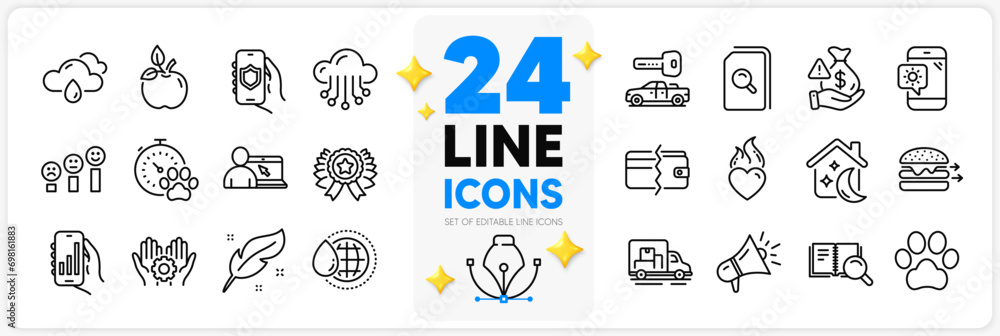 Icons set of Winner ribbon, Dog competition and Heart flame line icons pack for app with Payment methods, Customer satisfaction, Weather phone thin outline icon. Search book, Bribe. Vector