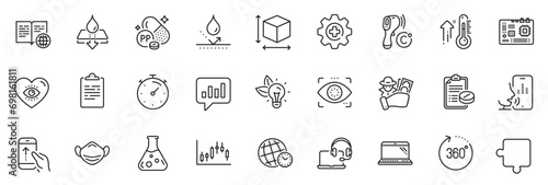 Icons pack as 360 degrees, Eco energy and Niacin line icons for app include Medical mask, Timer, Voicemail outline thin icon web set. Internet book, Puzzle, Motherboard pictogram. Vector