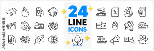 Icons set of Winner ribbon, Dog competition and Heart flame line icons pack for app with Payment methods, Customer satisfaction, Weather phone thin outline icon. Search book, Bribe. Vector photo