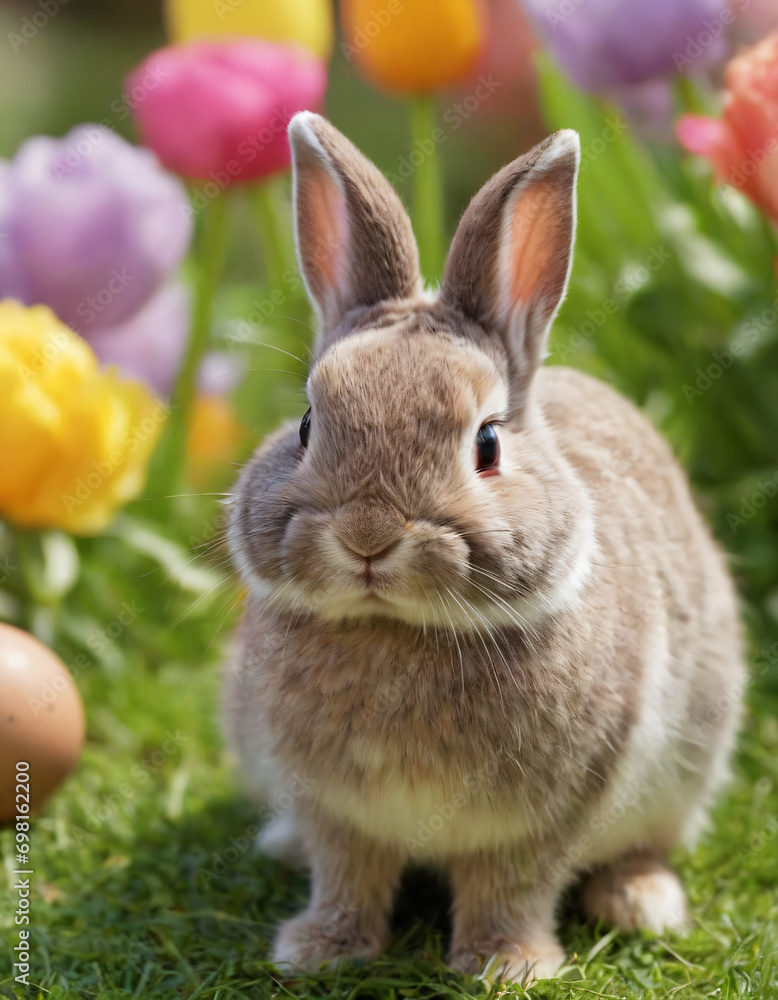 Fototapeta premium easter fluffy bunnies, in midst colourful eggs and spring field. 