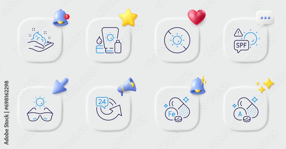 Fototapeta premium Skin care, Sunscreen and Iron line icons. Buttons with 3d bell, chat speech, cursor. Pack of No sun, Sunglasses, Vitamin a icon. 24 hours, Spf protection pictogram. For web app, printing. Vector