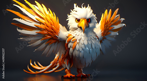 stylized image of a majestic bird with striking orange and white feathers  large open wings  and intense yellow eyes