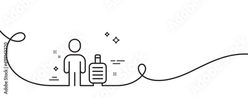 Baggage line icon. Continuous one line with curl. Man with travel luggage sign. Journey bag claim symbol. Baggage single outline ribbon. Loop curve pattern. Vector