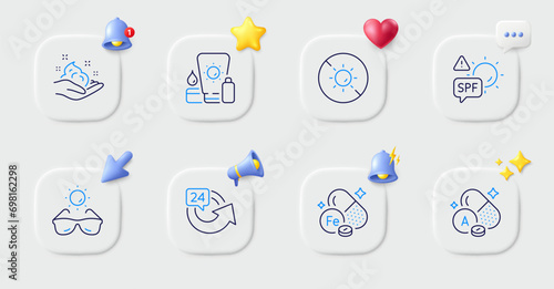 Skin care, Sunscreen and Iron line icons. Buttons with 3d bell, chat speech, cursor. Pack of No sun, Sunglasses, Vitamin a icon. 24 hours, Spf protection pictogram. For web app, printing. Vector
