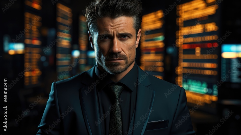 Portrait of businessman analyzing bank stock charts Portrait of businessman analyzing bank stock charts