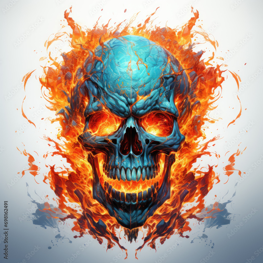 watercolor Skull_on Flaming Fire Sublimation clipart, Generative Ai