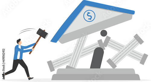 Businessman uses a sledgehammer and breaks the bank department. Financial crisis and Global economic money problem, Bankruptcy unpaid loan debt, investment failure. Flat vector illustration

