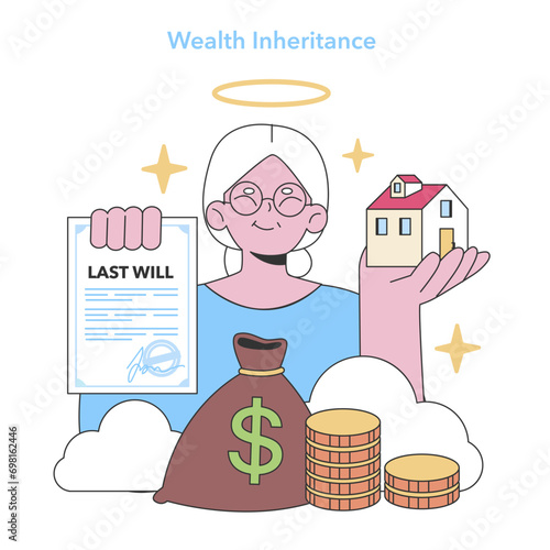Estate planning. Senior woman securing family legacy with will, property, and savings. Responsible wealth transition. Flat vector illustration