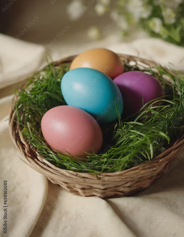 easter bakset with colourful eggs