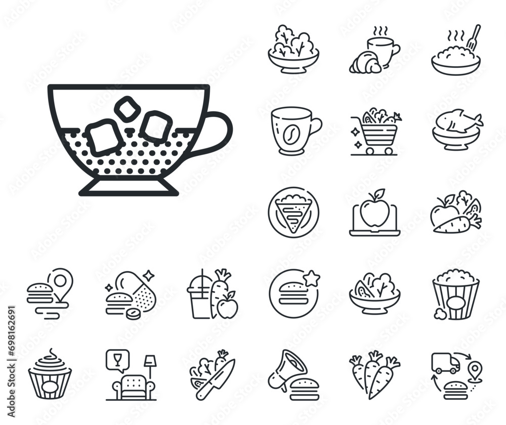 Cold drink sign. Crepe, sweet popcorn and salad outline icons. Coffee with ice icon. Beverage symbol. Cold coffee line sign. Pasta spaghetti, fresh juice icon. Supply chain. Vector Cold drink sign. Crepe, sweet popcorn and salad outline icons. Coffee with ice icon. Beverage symbol. Cold coffee line sign. Pasta spaghetti, fresh juice icon. Supply chain. Vector