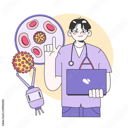 Medical research. Biotechnology, medicine and pharmacology development. Innovative technologies, clinical trials and tests. Flat vector illustration