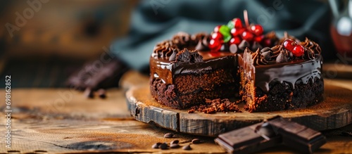 Vegan chocolate cake displayed on wooden table. Focus on cake. Space for text. photo