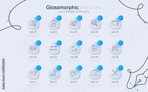 Set of Swipe up, Report timer and Screwdriverl line icons for web app. Gas cylinder, Timer, Recovery cloud icons. Sale tag, Search flight, Wedding glasses signs. Data analysis. Vector photo