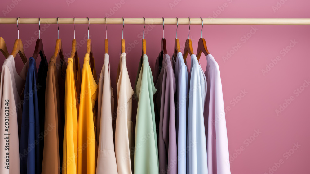 Close up a collection of pastel color t-shirts hanging on a wooden clothes hanger in closet or clothing rack over pink background, copy space Close up a collection of pastel color t-shirts hanging on a wooden clothes hanger in closet or clothing rack over pink background, copy space