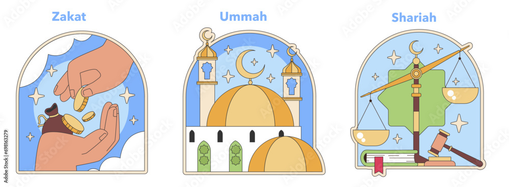 Muslimity core concepts set. Depicts acts of Zakat charity, Ummah community, and Shariah law in engaging vector illustrations. Flat vector style