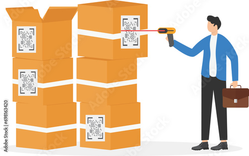The businessman operator holds a QR code scanner hand. Scanning QR code on a cardboard box.

