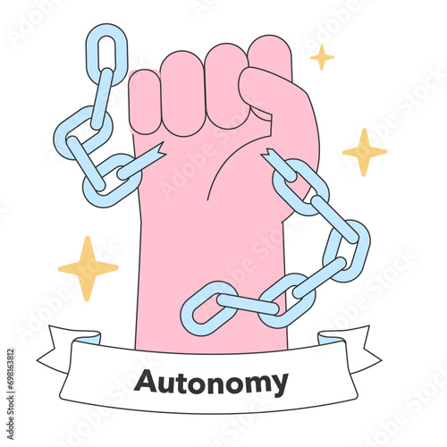 Symbol of autonomy with a clenched fist breaking chains, representing the unyielding spirit of independence and self-determination. Flat vector illustration