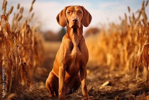 Hungarian hound dog vizsla in a field of corn, Hungarian hound pointer vizsla dog in autumn time in the field, AI Generated photo