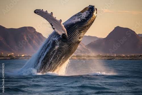 Humpback whale in the ocean at sunset. 3d render, Humpback whale jumping out of the water, AI Generated © Ifti Digital