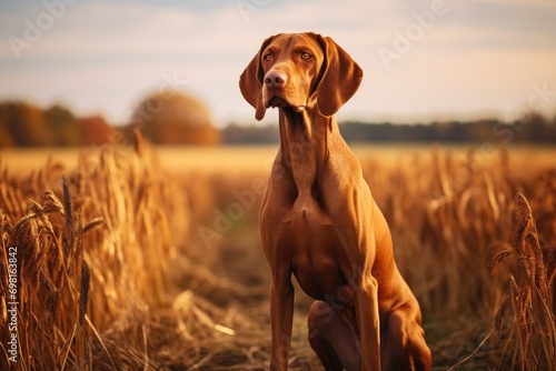 Portrait of a Rhodesian Ridgeback dog in the field, Hungarian hound pointer vizsla dog in autumn time in the field, AI Generated