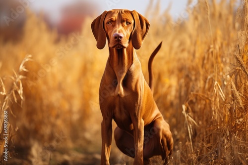 Hungarian hunter dog vizsla sitting in a wheat field, Hungarian hound pointer vizsla dog in autumn time in the field, AI Generated photo