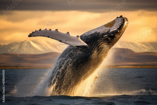 Humpback whale in Patagonia, Argentina. Humpback whale in Patagonia at sunset, Humpback Whale Megaptera novaeangliae breaching near Husavik City in Iceland, AI Generated