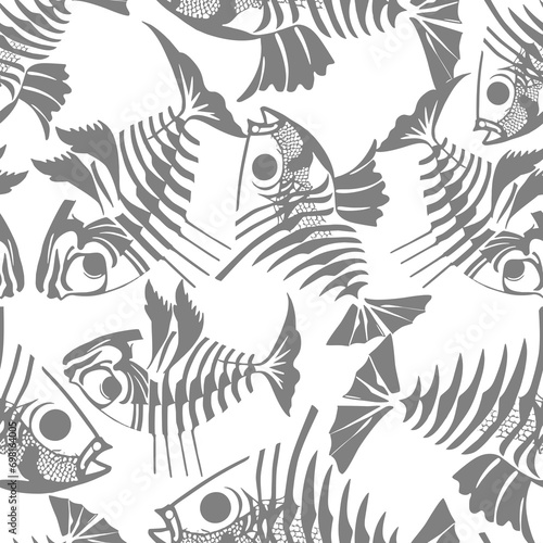 seamless pattern of gray graphic fish skeletons on a white background, texture, design photo