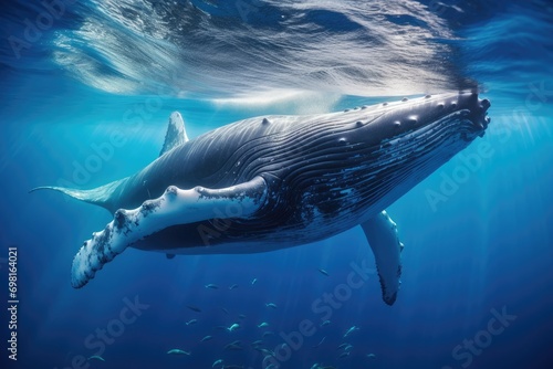 Humpback whale swimming in deep blue ocean with sun rays, Humpback whale underwater in the Caribbean, AI Generated © Ifti Digital