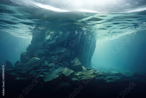 Underwater view of an underwater cave in the deep blue sea  Iceberg with above and underwater view  AI Generated