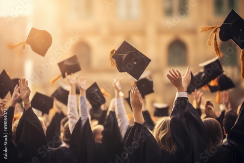 Back view of a group of graduates holding hats and gowns in the background, Graduation ceremony concept, hats and diplomas raised in hands, close-up, AI Generated