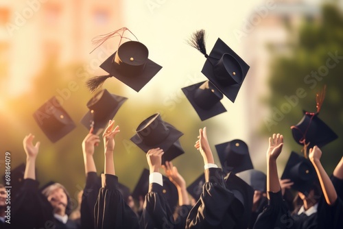 Group of graduates throwing caps in the air. Education and graduation concept, Graduation ceremony concept, hats and diplomas raised in hands, close-up, AI Generated