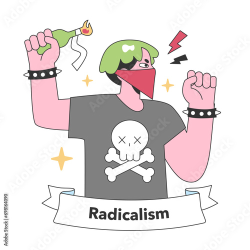 Radicalism embodied in a masked figure with a raised molotov, a stark symbol of protest and desire for transformative change. Flat vector illustration.