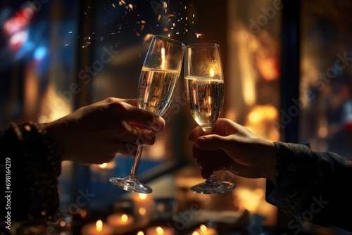 Two hands holding glasses of champagne with fireworks in the night city, Hands of a couple with flutes of champagne and their friends with Bengal lights, AI Generated