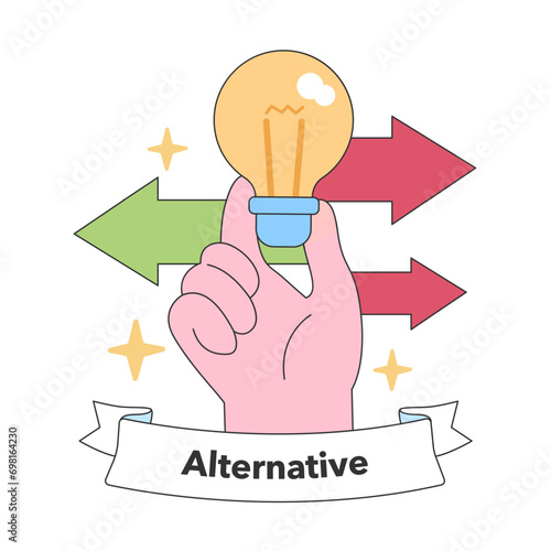 A hand holding a glowing bulb, encircled by arrows pointing in different directions, symbolizes innovative alternatives and diverse perspectives. Flat vector illustration.