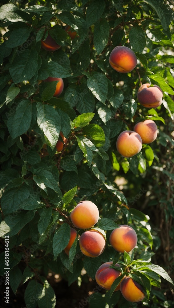 A vibrant and juicy tableau of freshly picked peaches, their golden hues radiating in the sunlight, surrounded by a verdant oasis of lush green leaves.