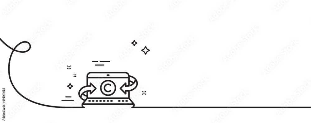 Copywriting notebook line icon. Continuous one line with curl. Copyright laptop sign. Media content symbol. Copywriting notebook single outline ribbon. Loop curve pattern. Vector Copywriting notebook line icon. Continuous one line with curl. Copyright laptop sign. Media content symbol. Copywriting notebook single outline ribbon. Loop curve pattern. Vector