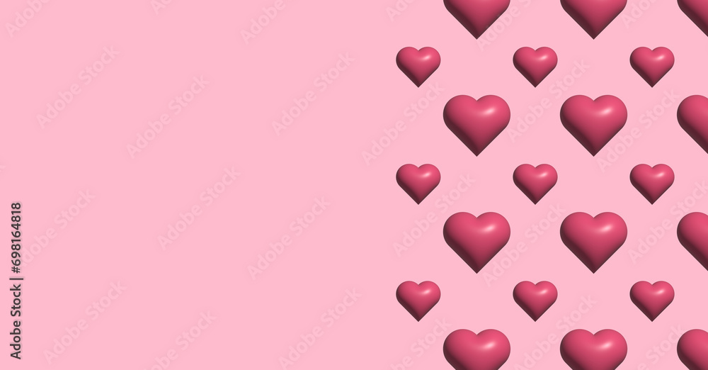 Pattern with magenta hearts on pastel pink background. Valentine's day and love concept. Mother day. Banner. Space for text