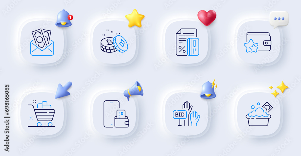 Bid offer, Launder money and Loyalty program line icons. Buttons with 3d bell, chat speech, cursor. Pack of Bitcoin, Bribe, Grocery basket icon. Phone wallet, Credit card pictogram. Vector Bid offer, Launder money and Loyalty program line icons. Buttons with 3d bell, chat speech, cursor. Pack of Bitcoin, Bribe, Grocery basket icon. Phone wallet, Credit card pictogram. Vector