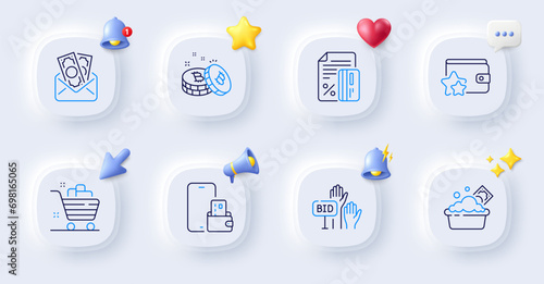 Bid offer, Launder money and Loyalty program line icons. Buttons with 3d bell, chat speech, cursor. Pack of Bitcoin, Bribe, Grocery basket icon. Phone wallet, Credit card pictogram. Vector