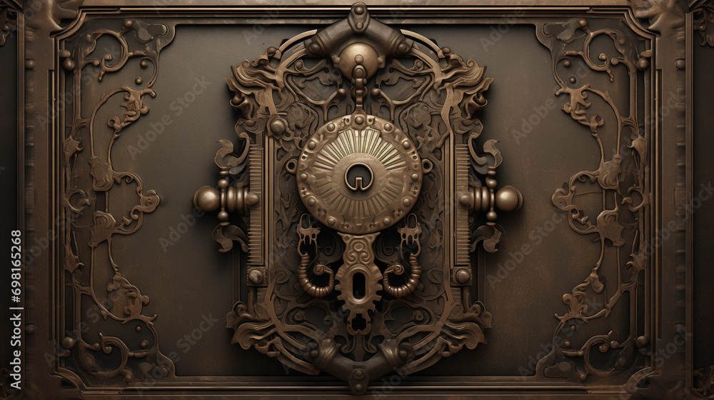 a door knocker on a similarly intricate door. The knocker features a circular design with an emblem, handles with detailed designs, and an elaborate keyhole. The door’s ornate carvings. a door knocker on a similarly intricate door. The knocker features a circular design with an emblem, handles with detailed designs, and an elaborate keyhole. The door’s ornate carvings.