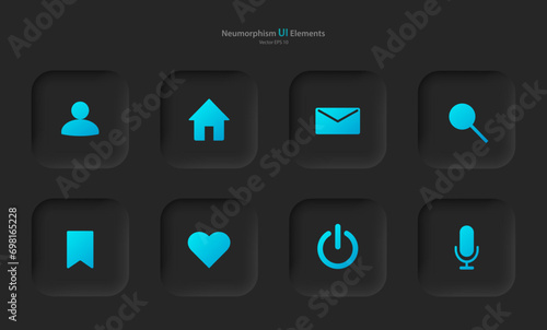 A collection of user interface elements for a mobile application in black with blue elements. Buttons for mobile devices in the style of neumorphism, UI, UX. Vector illustration.
