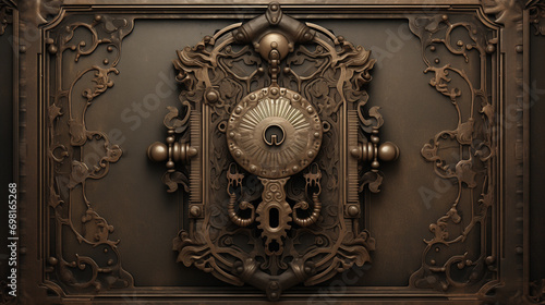 a door knocker on a similarly intricate door. The knocker features a circular design with an emblem, handles with detailed designs, and an elaborate keyhole. The door’s ornate carvings. photo